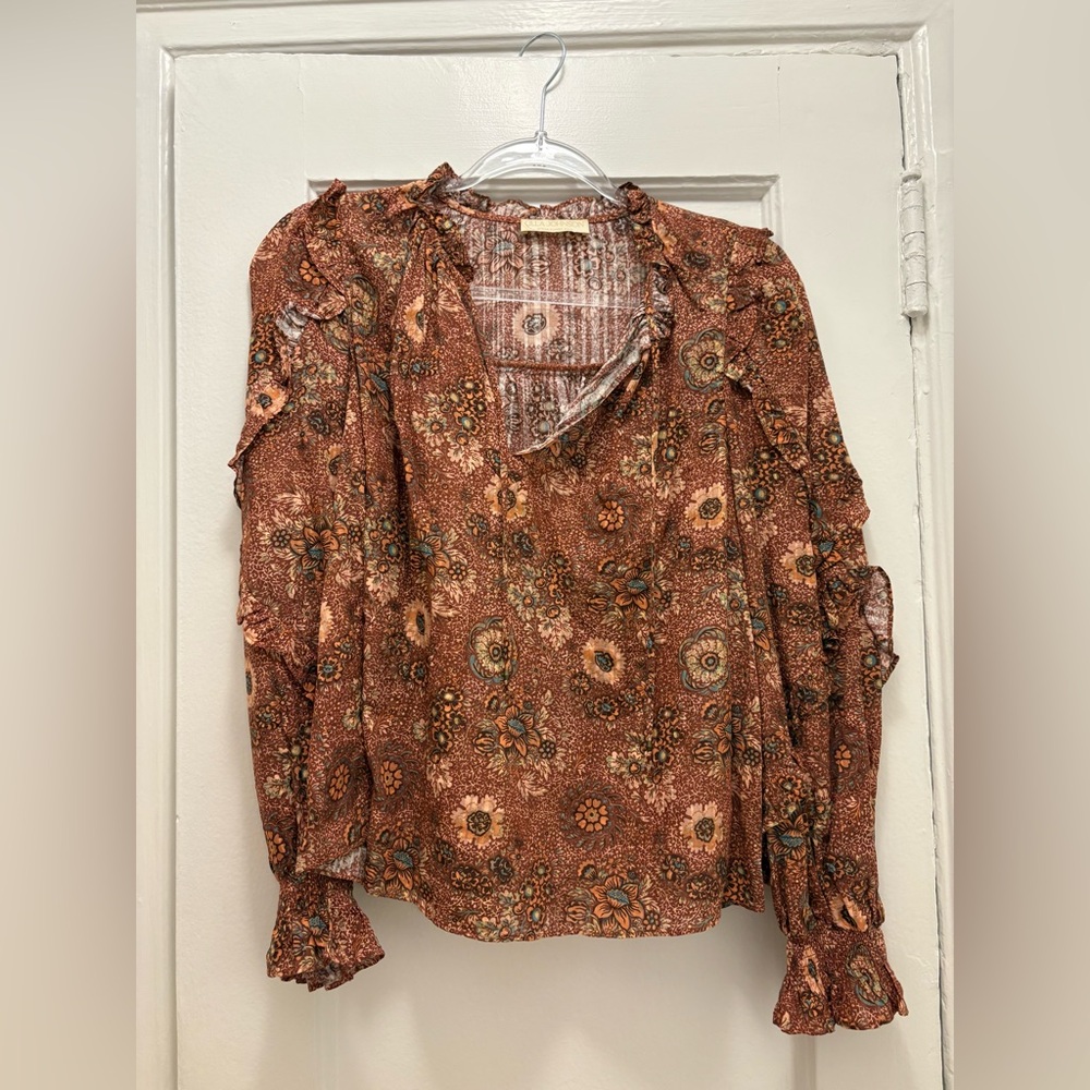 Ulla Johnson Rust Floral Ruffled V-Neck Blouse